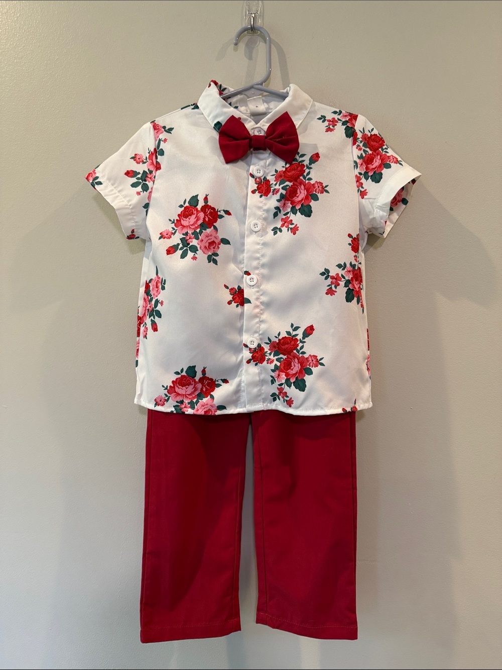 SHEIN White Floral Button-Up Shirt with Red Bow and Red Pants